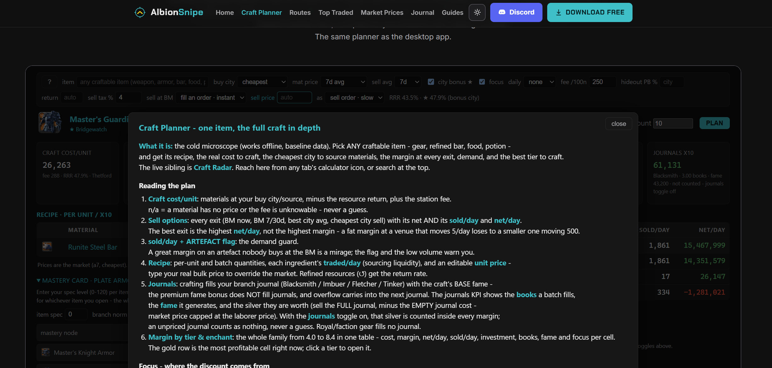 Craft Planner help describing recipe, exits, demand, journals and tier comparison.